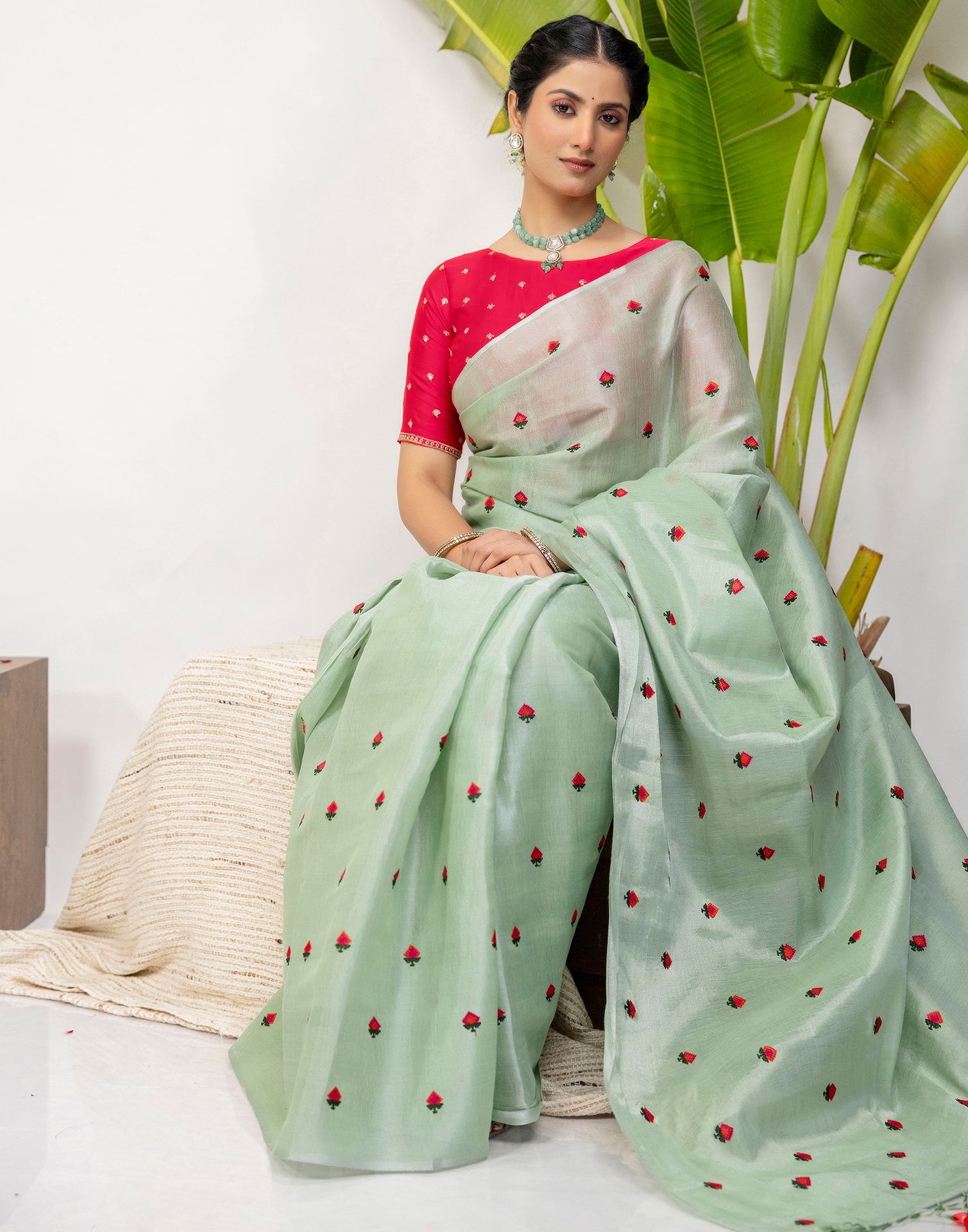 Mint Green Cotton Silk Embroidery Saree