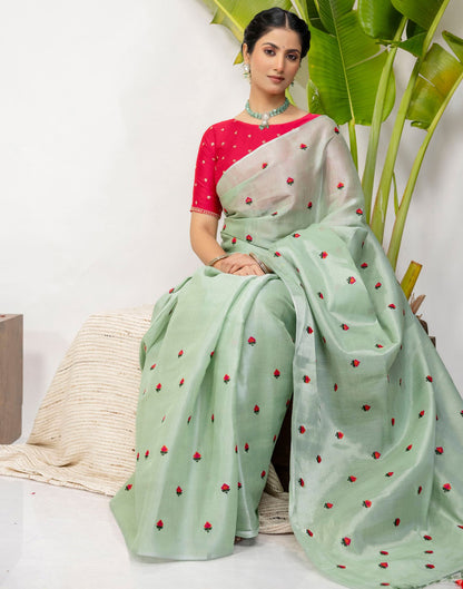 Mint Green Cotton Silk Embroidery Saree