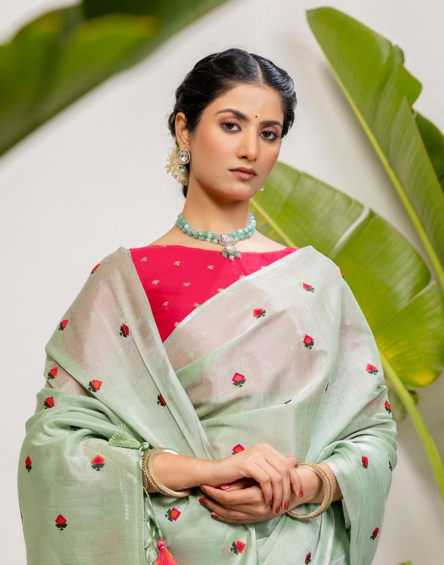 Mint Green Cotton Silk Embroidery Saree
