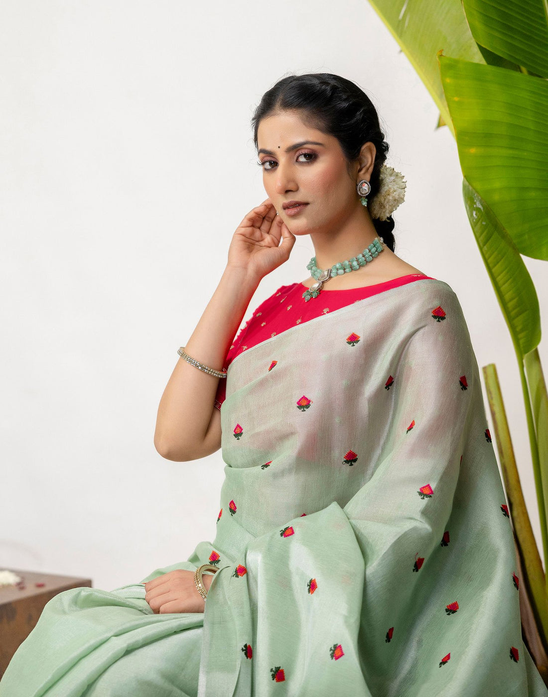 Mint Green Cotton Silk Embroidery Saree