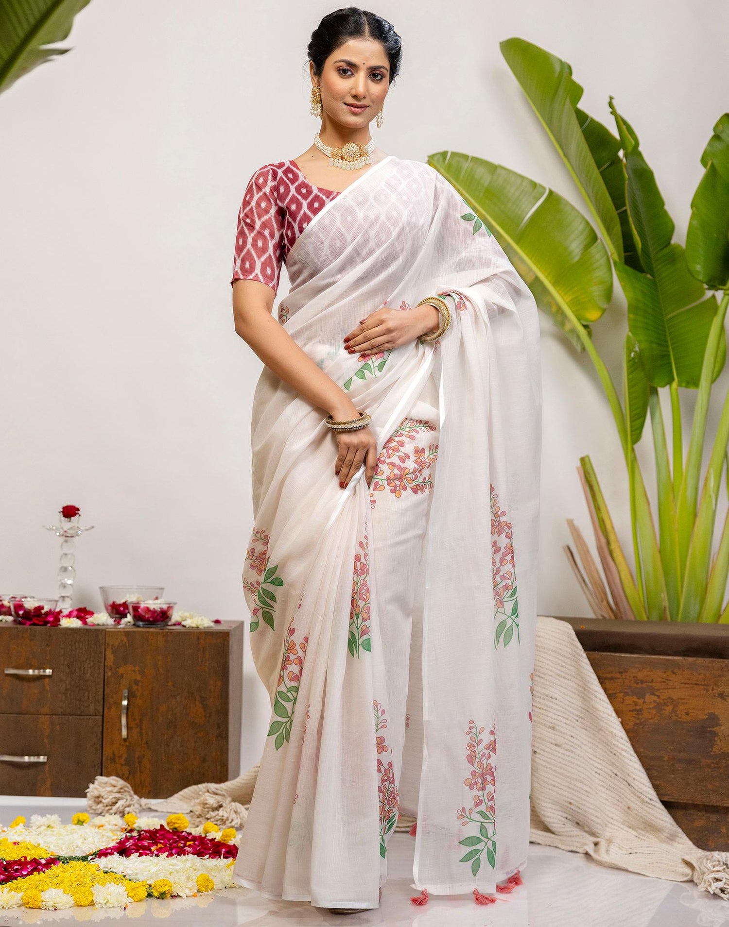 Off White Cotton Printed Saree