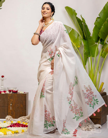 Off White Cotton Printed Saree
