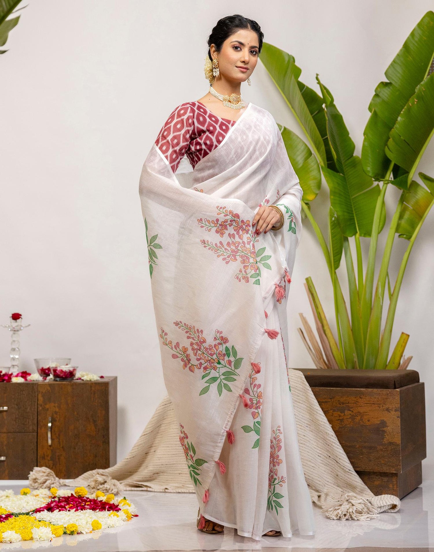 Off White Cotton Printed Saree