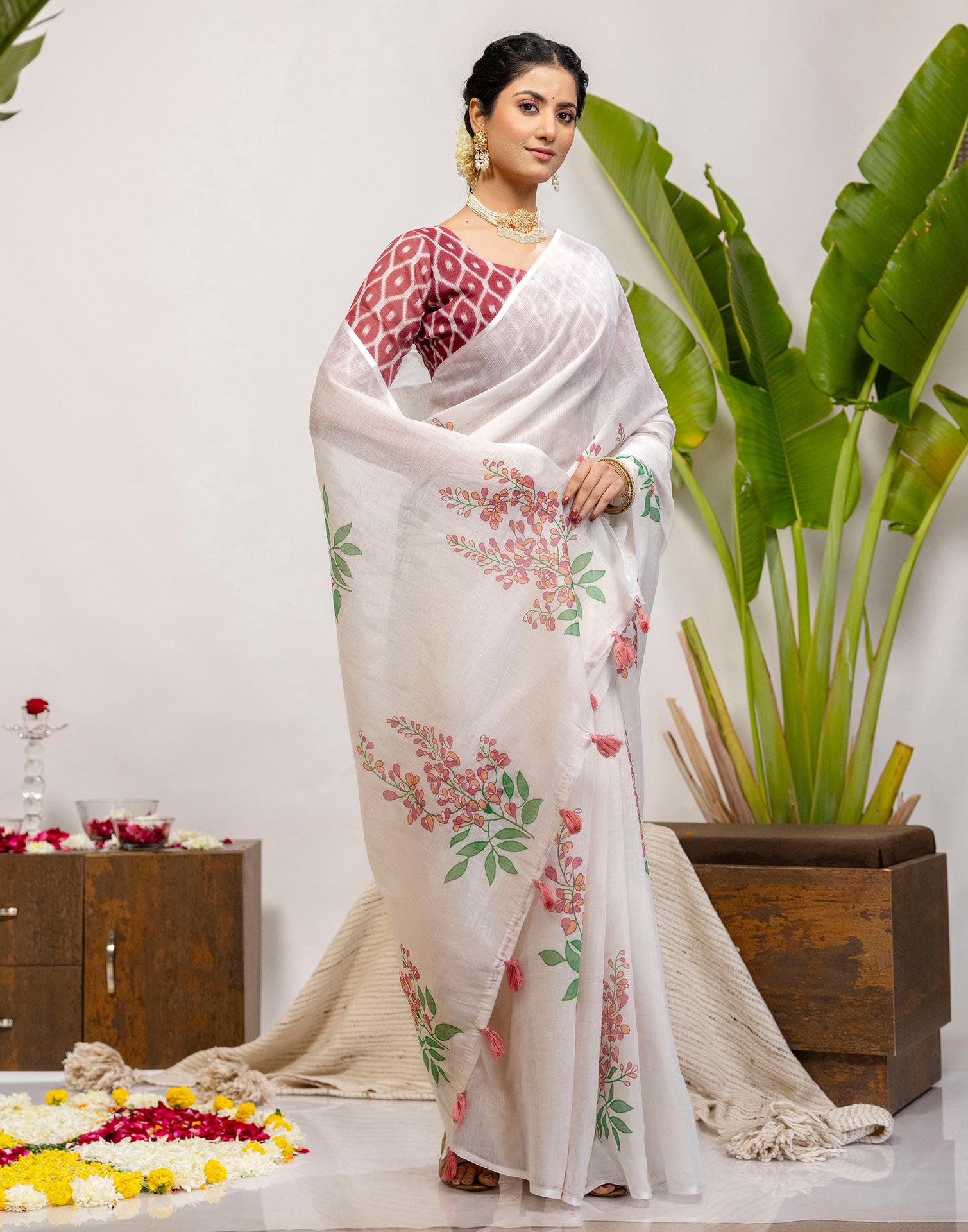 Off White Cotton Printed Saree