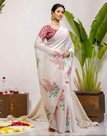 Off White Cotton Printed Saree