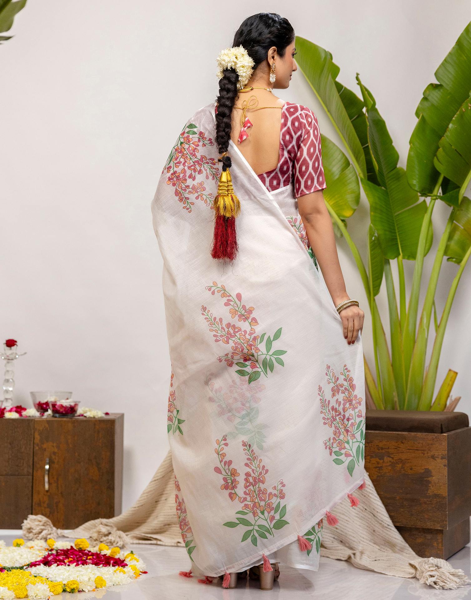 Off White Cotton Printed Saree