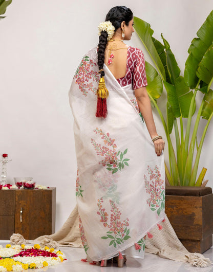 Off White Cotton Printed Saree