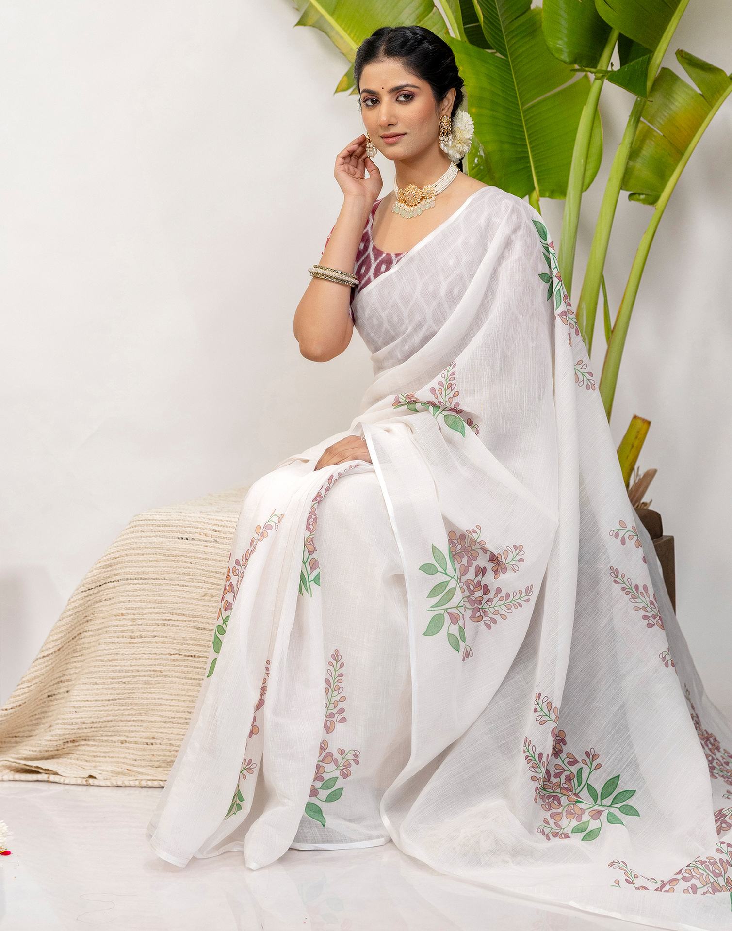Off White Cotton Printed Saree