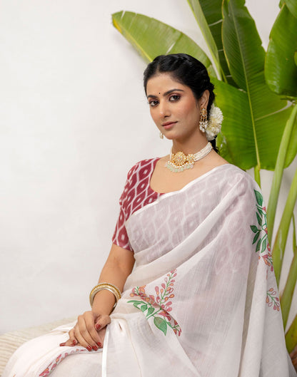 Off White Cotton Printed Saree