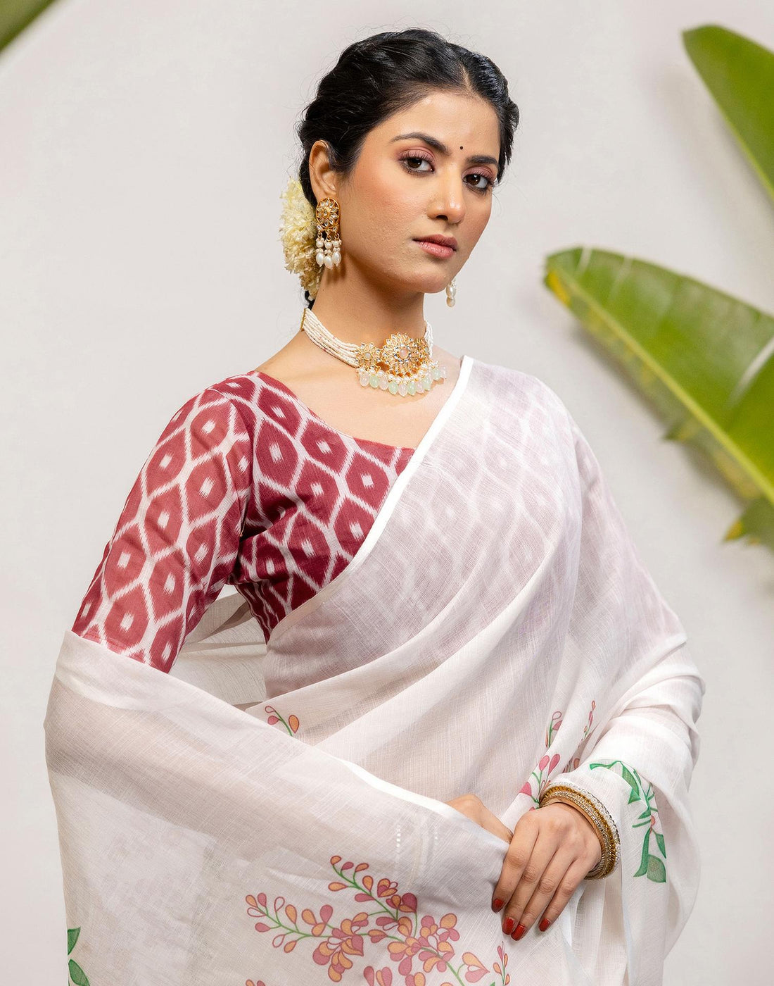 Off White Cotton Printed Saree