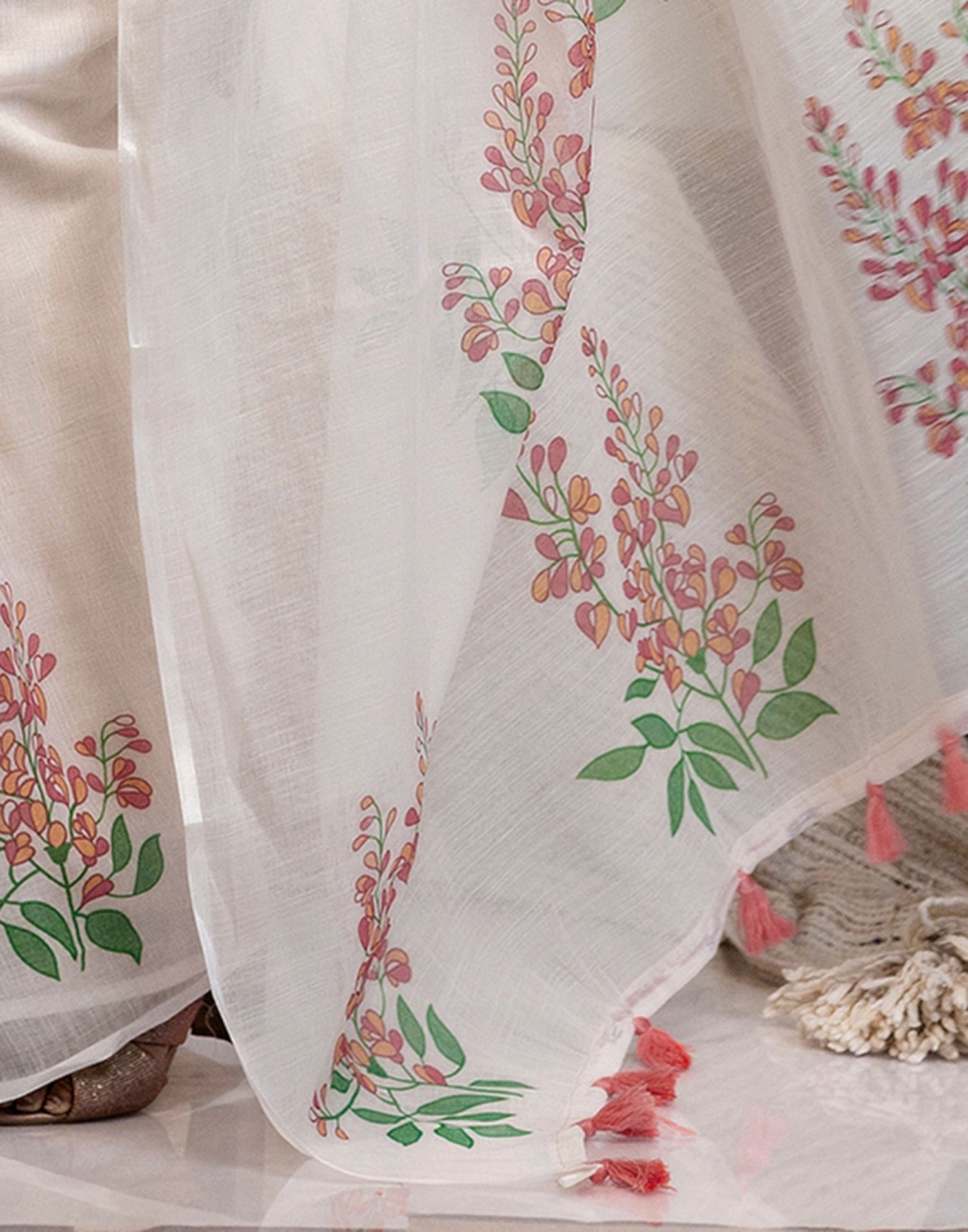 Off White Cotton Printed Saree