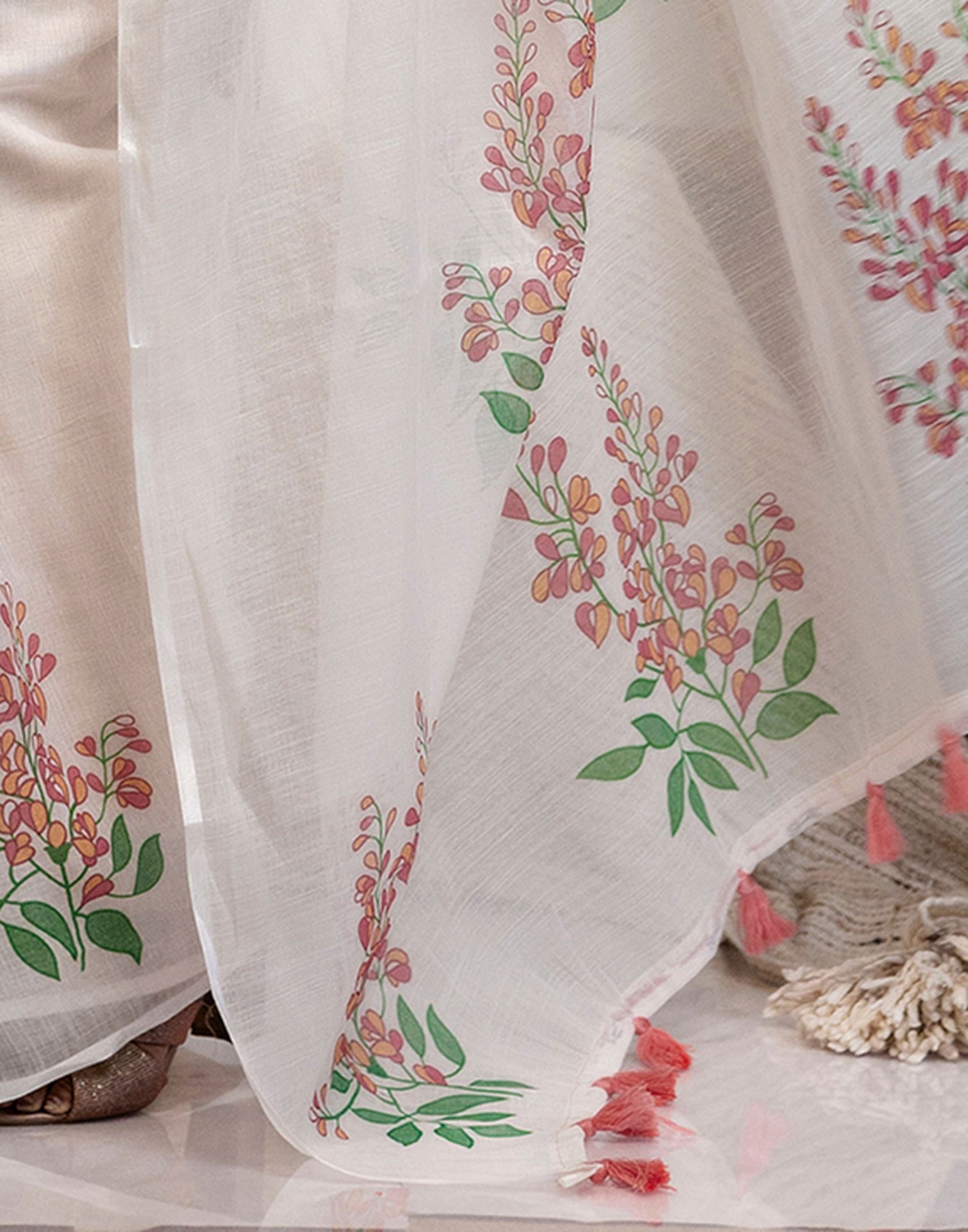 Off White Cotton Printed Saree