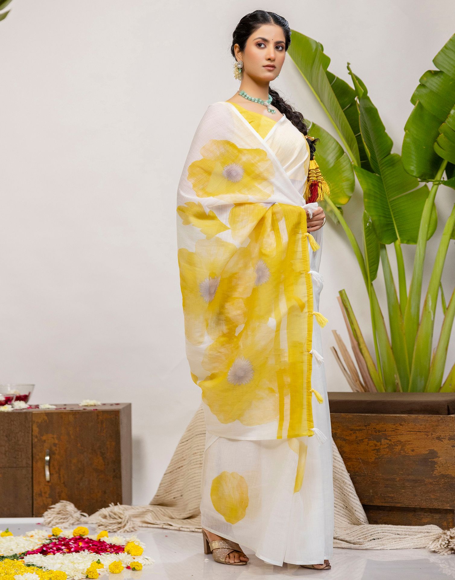 White Cotton Printed Saree