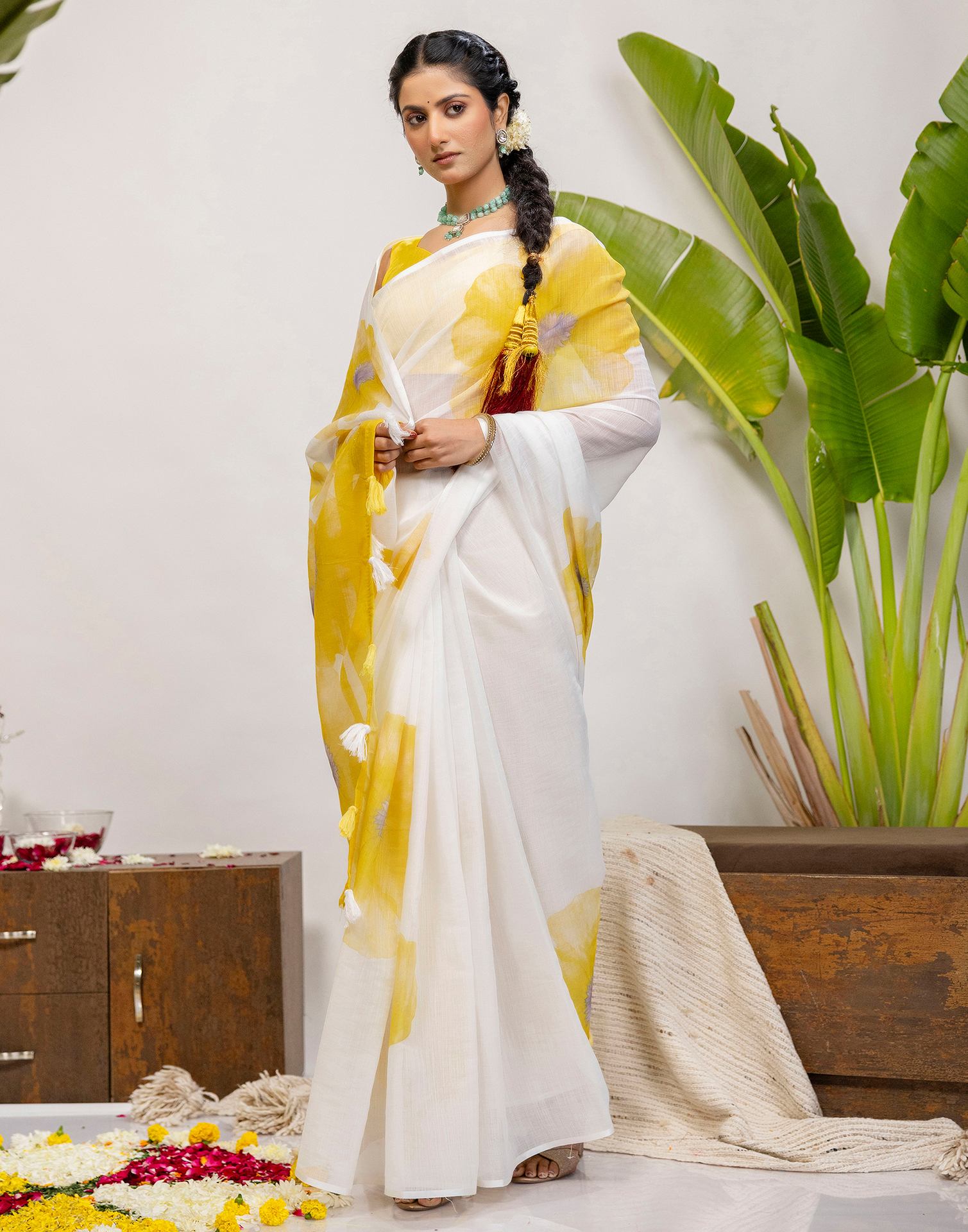 White Cotton Printed Saree