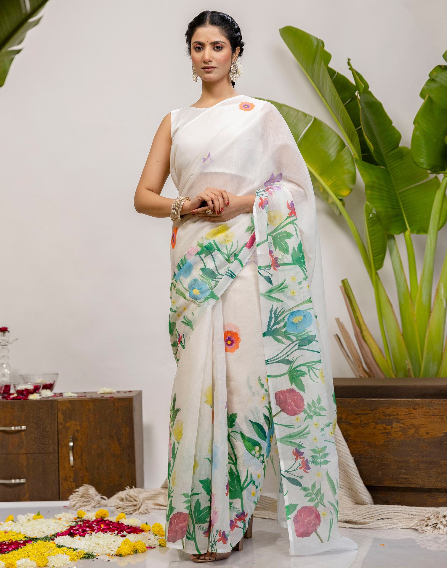 Off White Cotton Floral Printed Saree