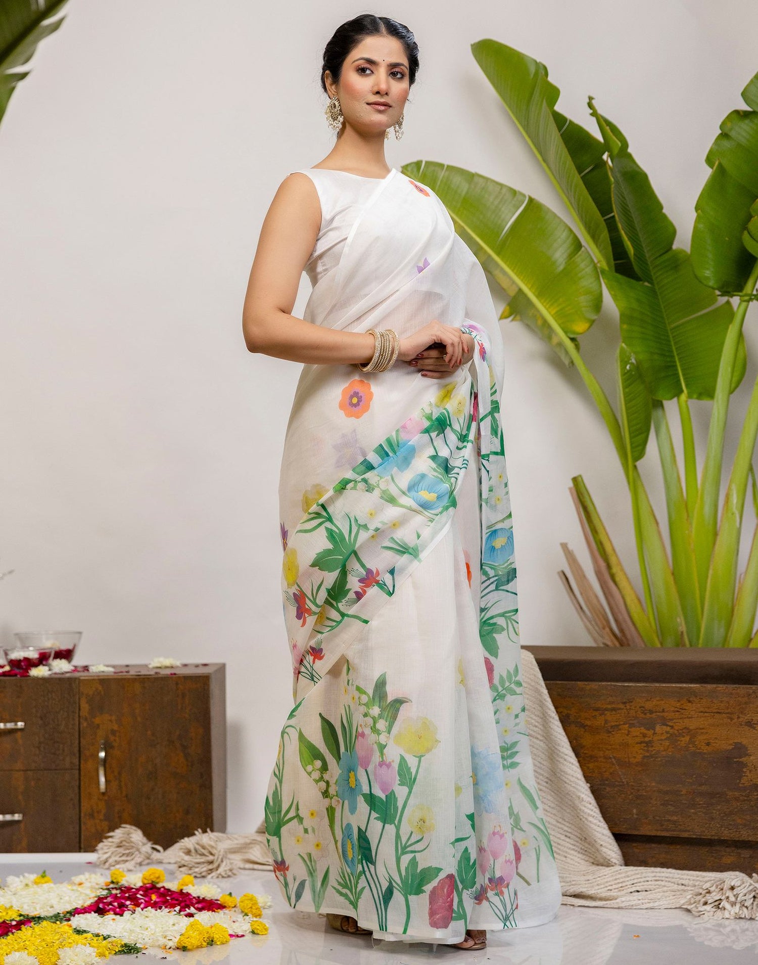 Off White Cotton Floral Printed Saree