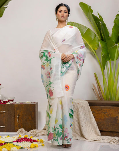 Off White Cotton Floral Printed Saree