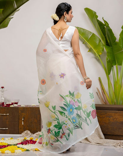 Off White Cotton Floral Printed Saree