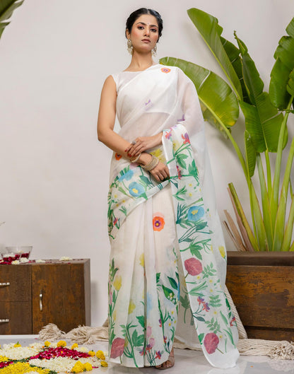 Off White Cotton Floral Printed Saree