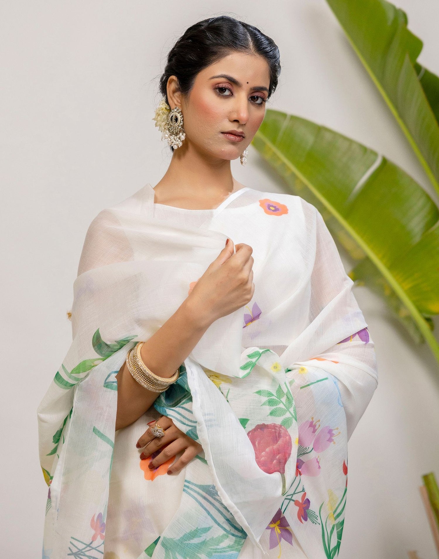 Off White Cotton Floral Printed Saree