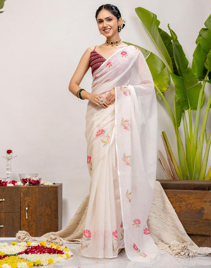 Off White Cotton Floral Printed Saree
