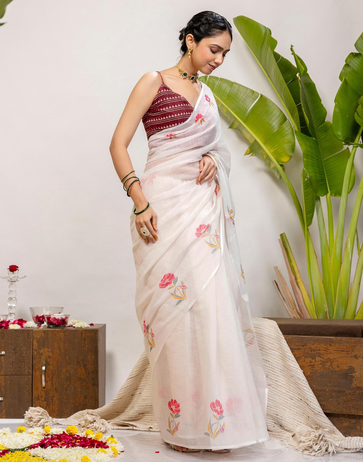 Off White Cotton Floral Printed Saree