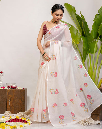 Off White Cotton Floral Printed Saree