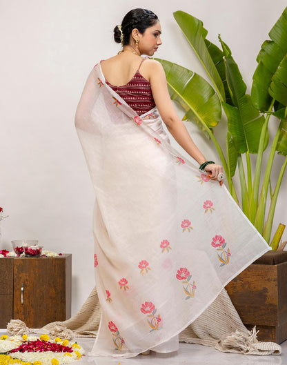 Off White Cotton Floral Printed Saree
