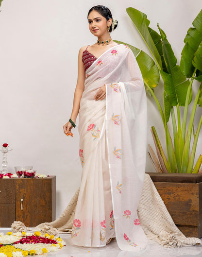 Off White Cotton Floral Printed Saree