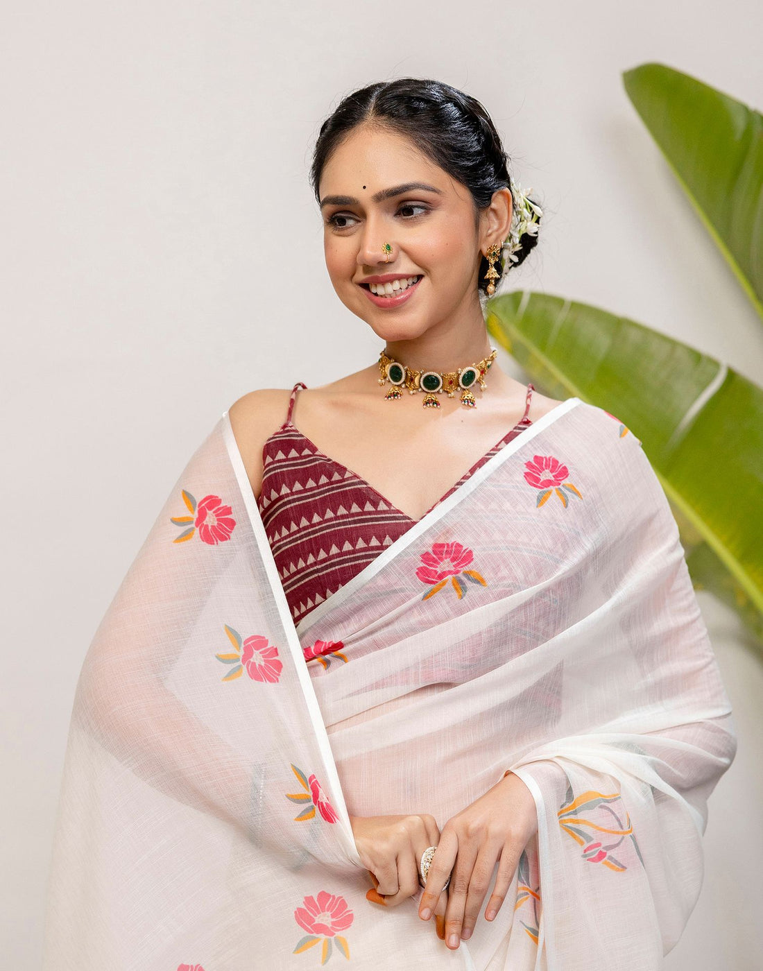 Off White Cotton Floral Printed Saree