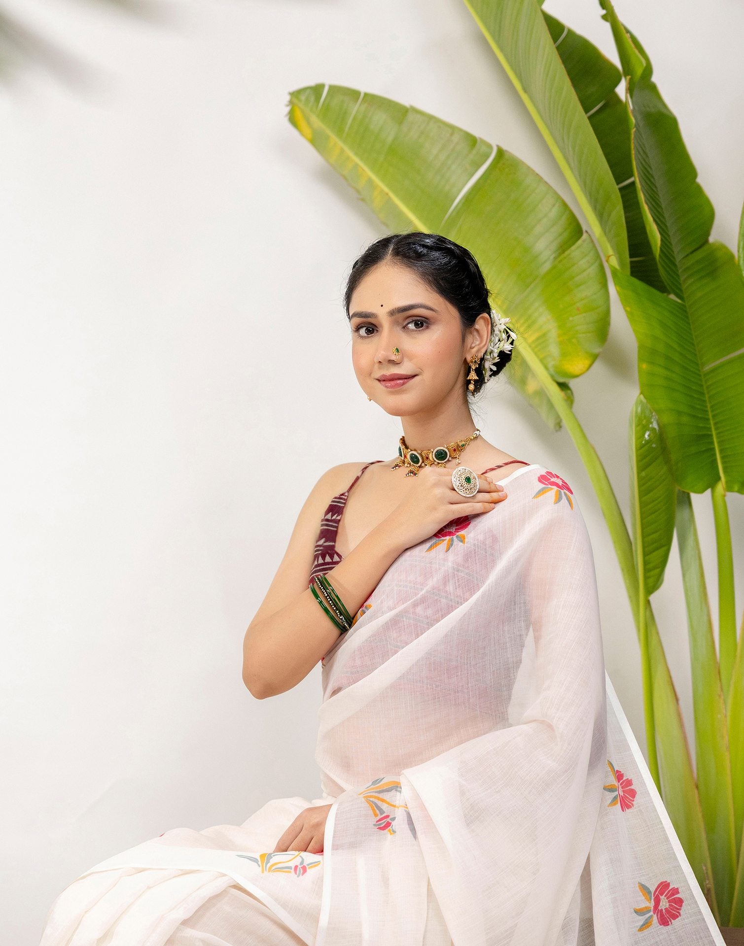 Off White Cotton Floral Printed Saree