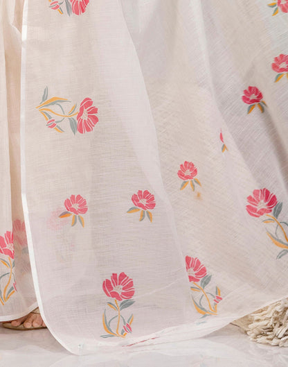 Off White Cotton Floral Printed Saree