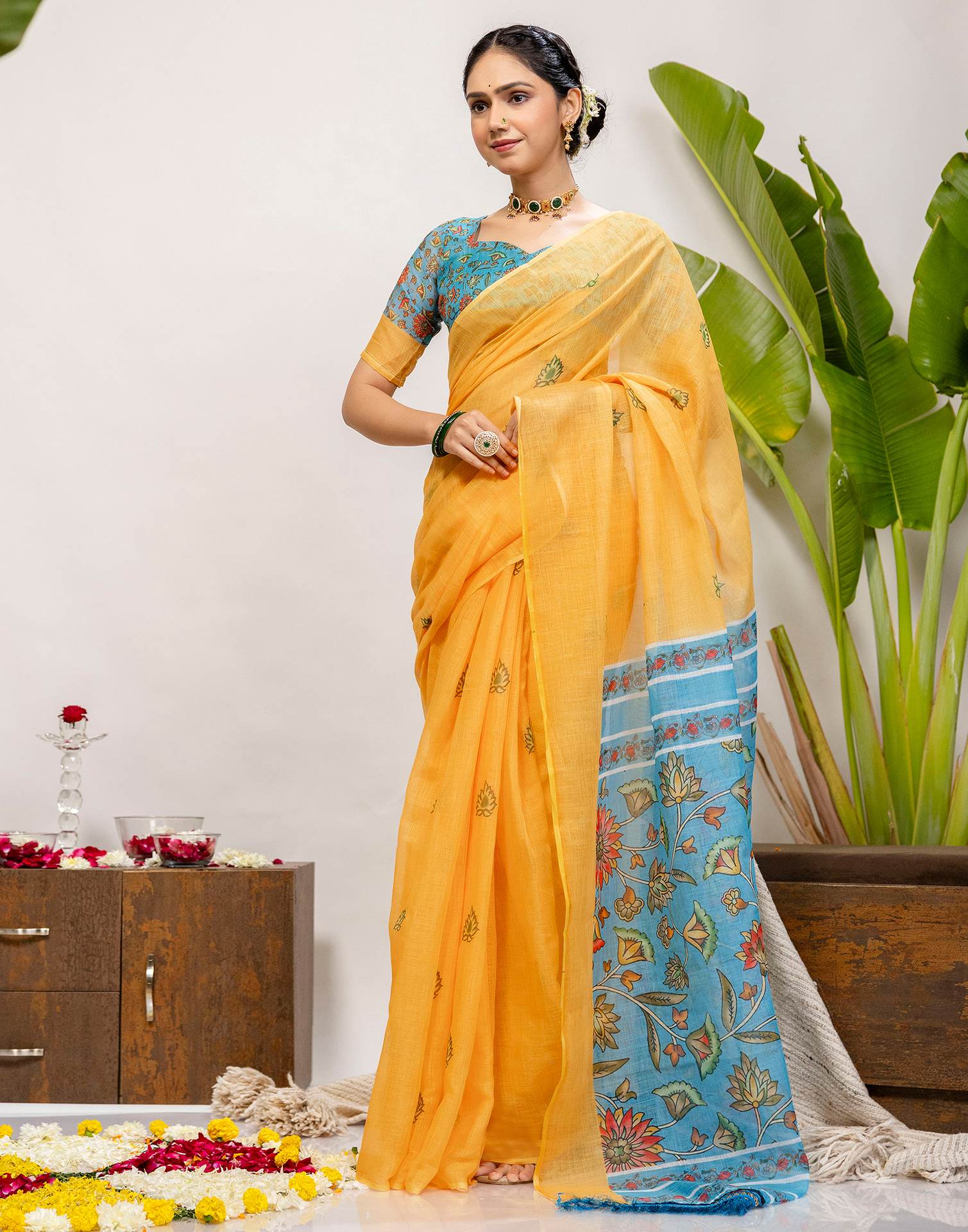 Yellow Cotton Printed Saree