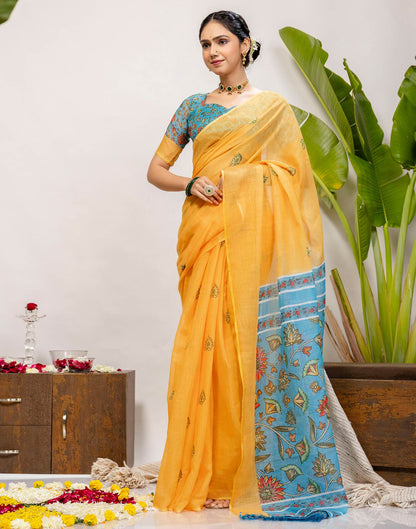 Yellow Cotton Printed Saree