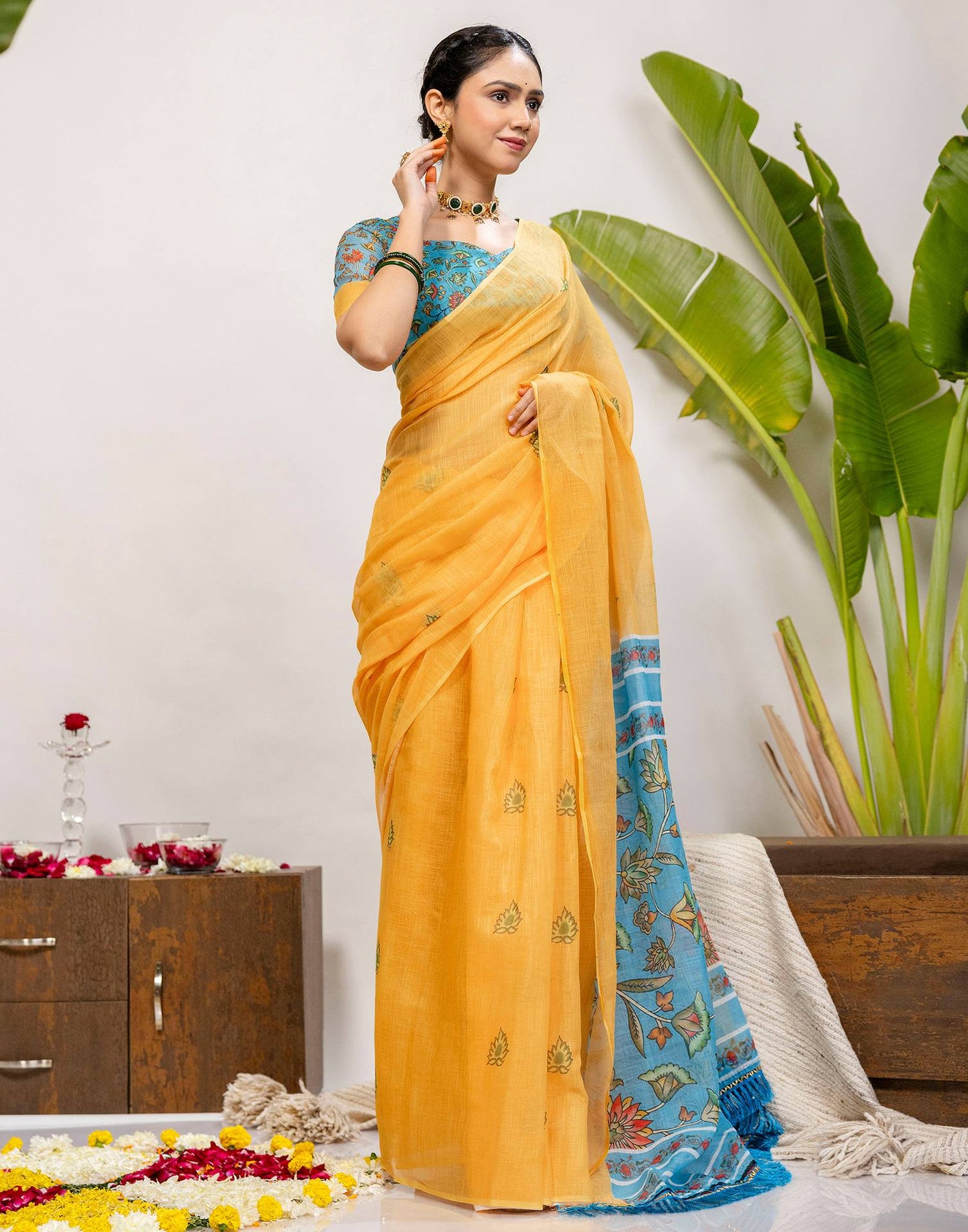 Yellow Cotton Printed Saree