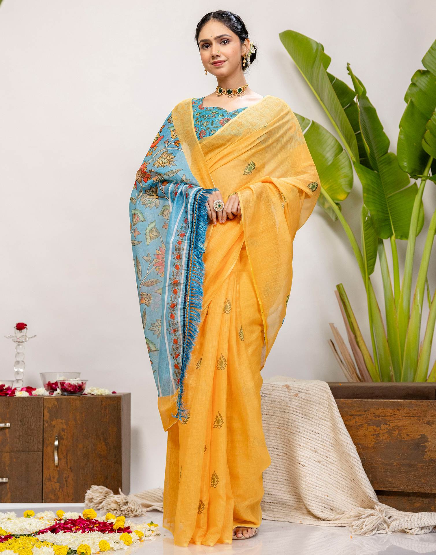 Yellow Cotton Printed Saree