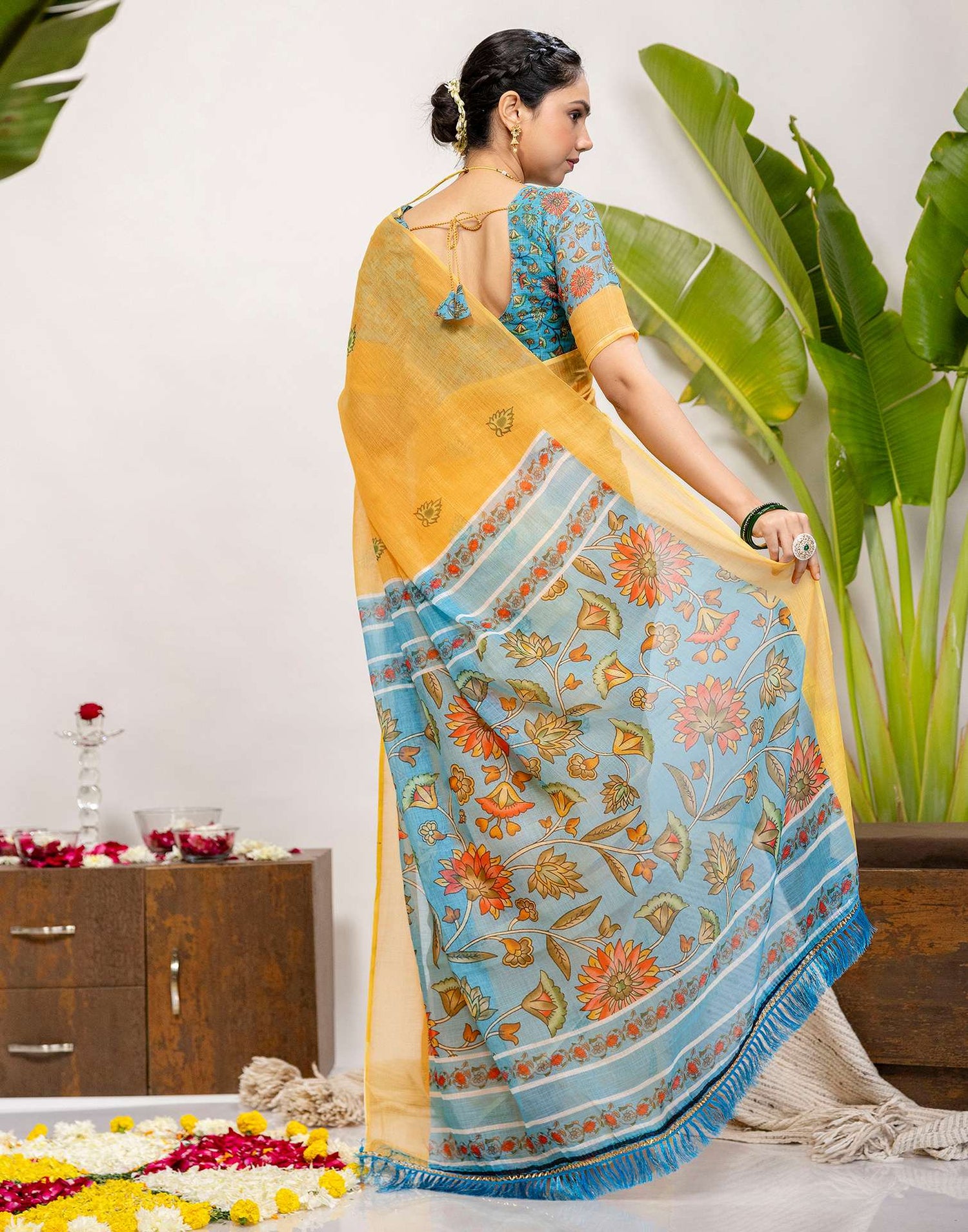 Yellow Cotton Printed Saree
