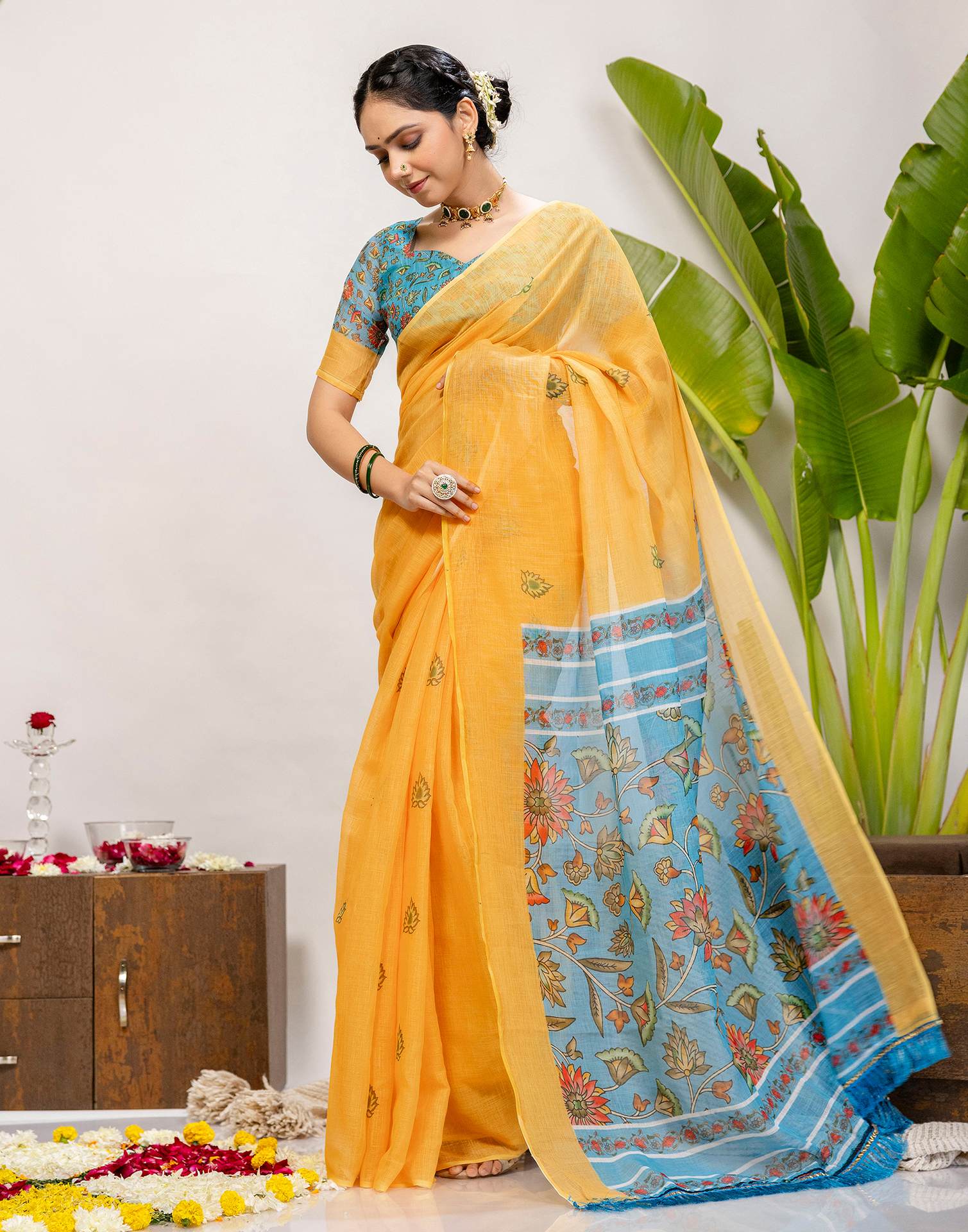 Yellow Cotton Printed Saree