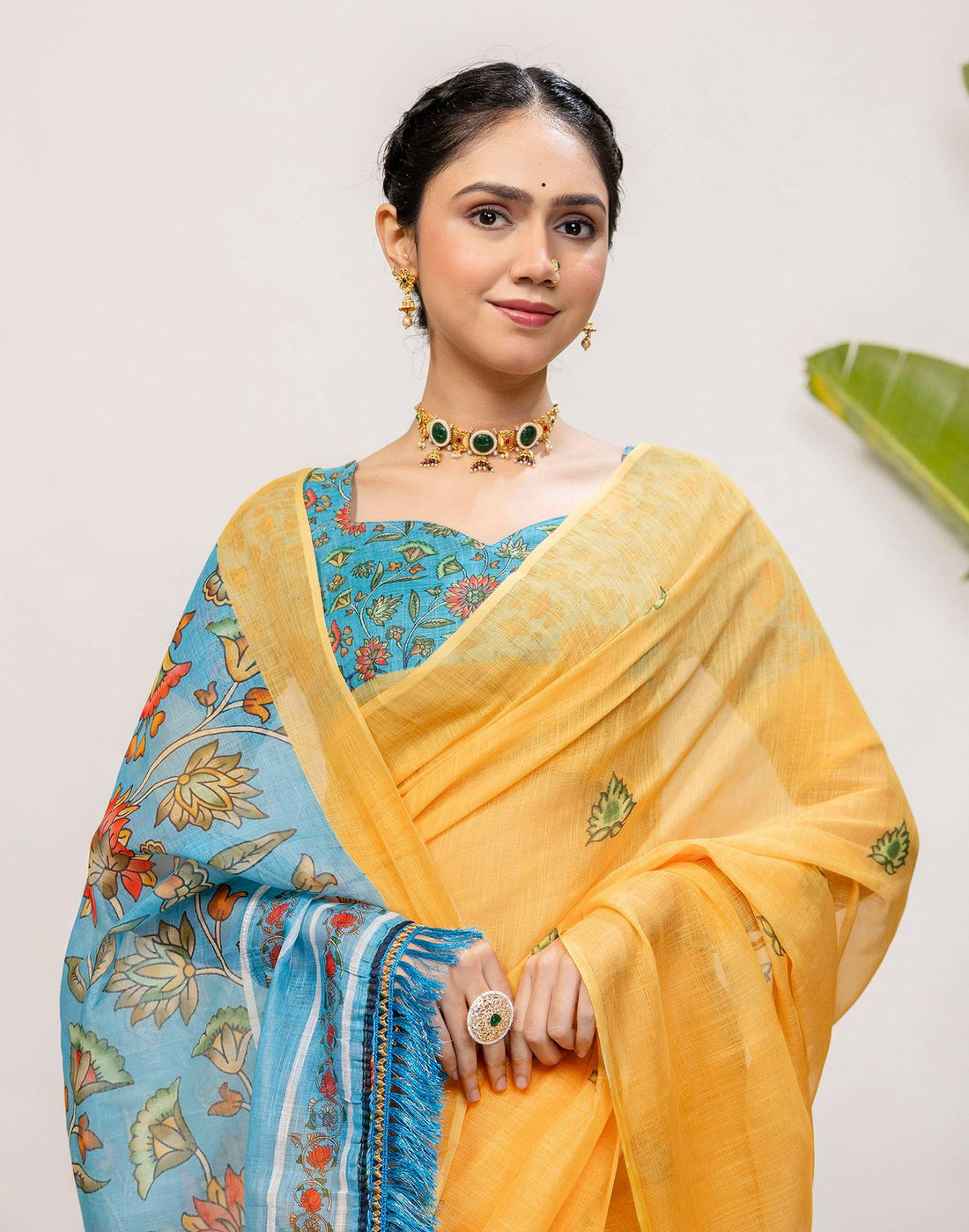 Yellow Cotton Printed Saree