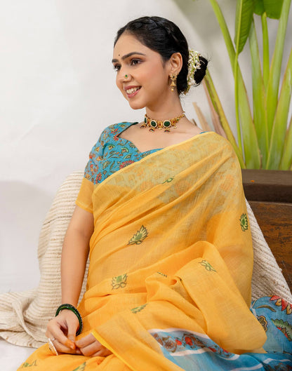 Yellow Cotton Printed Saree