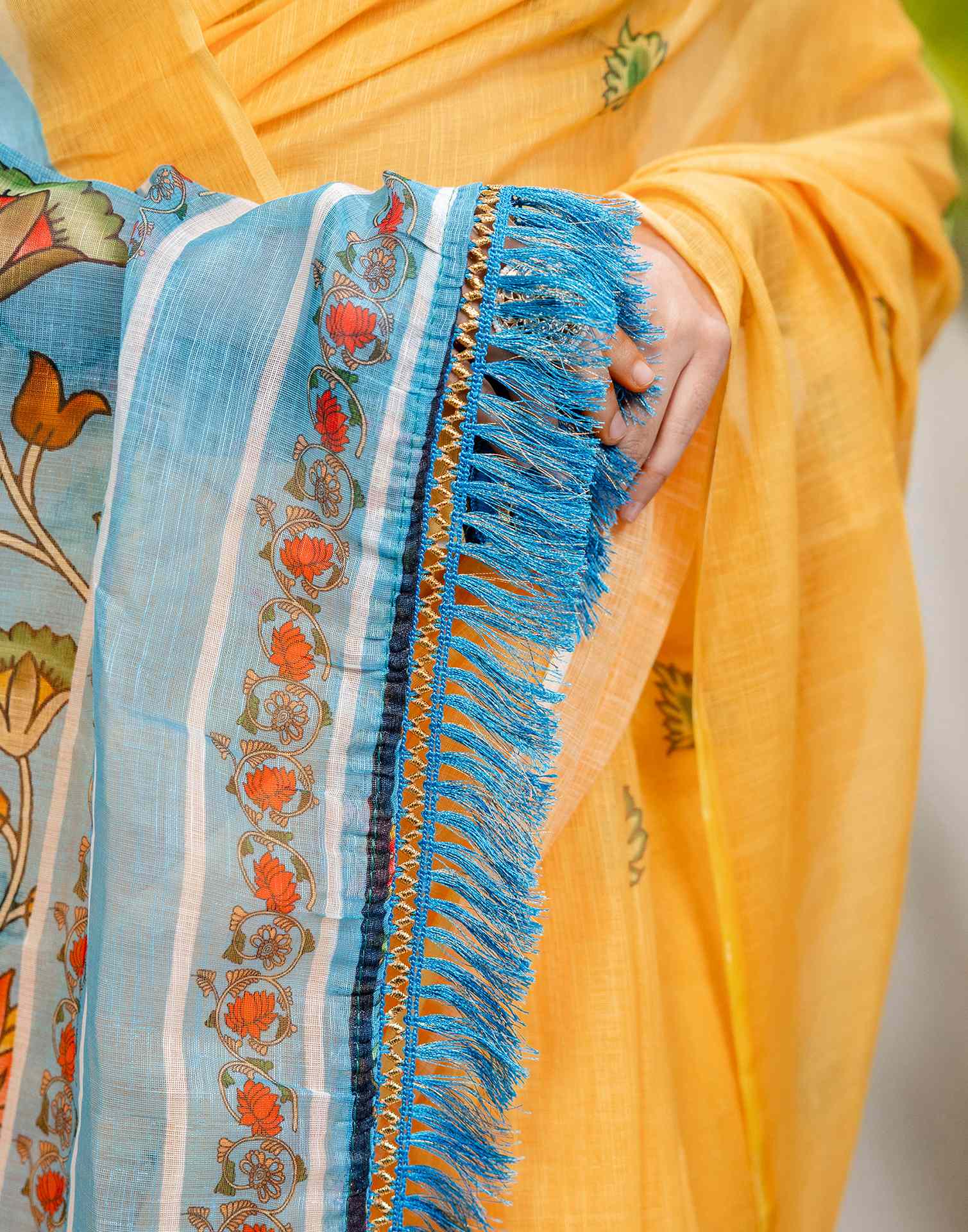 Yellow Cotton Printed Saree