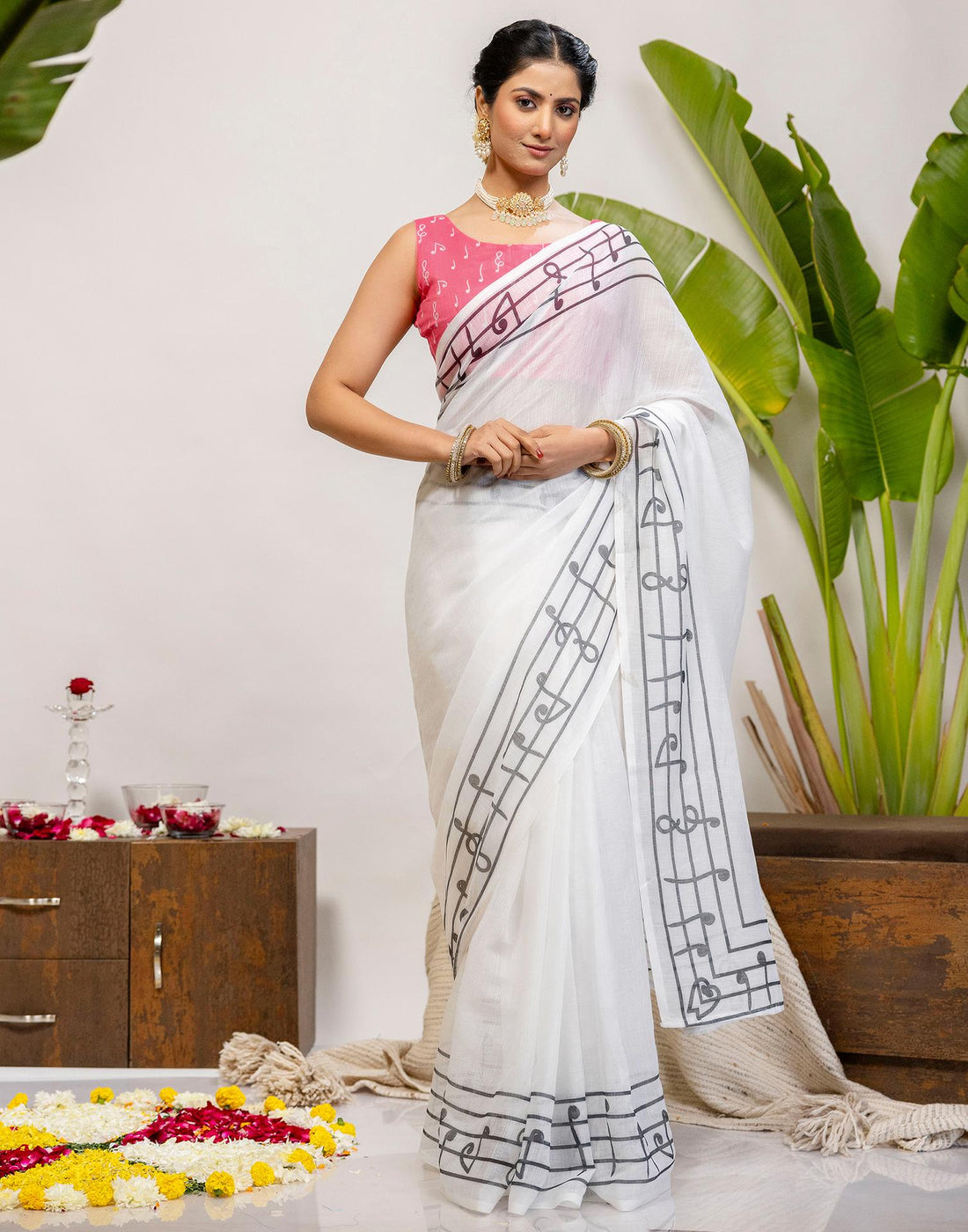 White Cotton Printed Saree