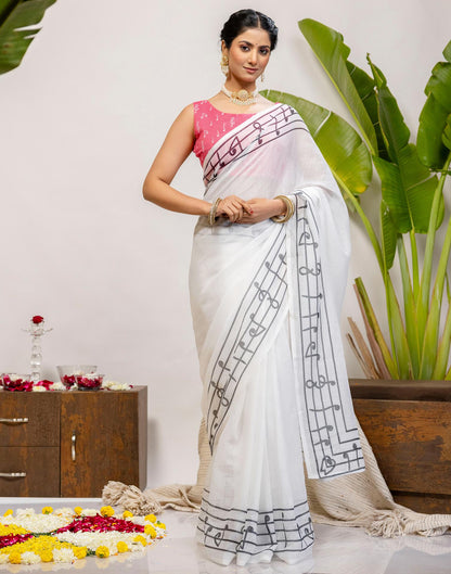 White Cotton Printed Saree