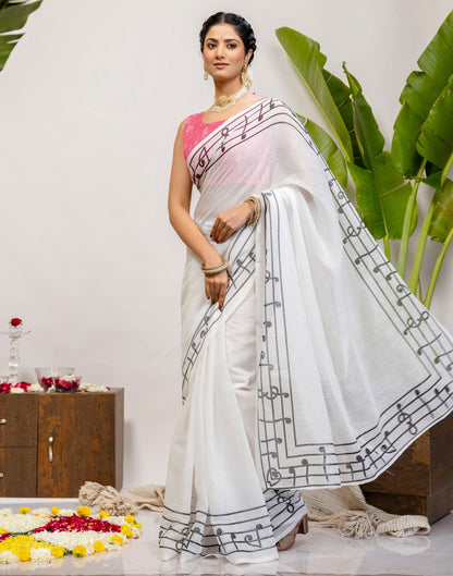 White Cotton Printed Saree