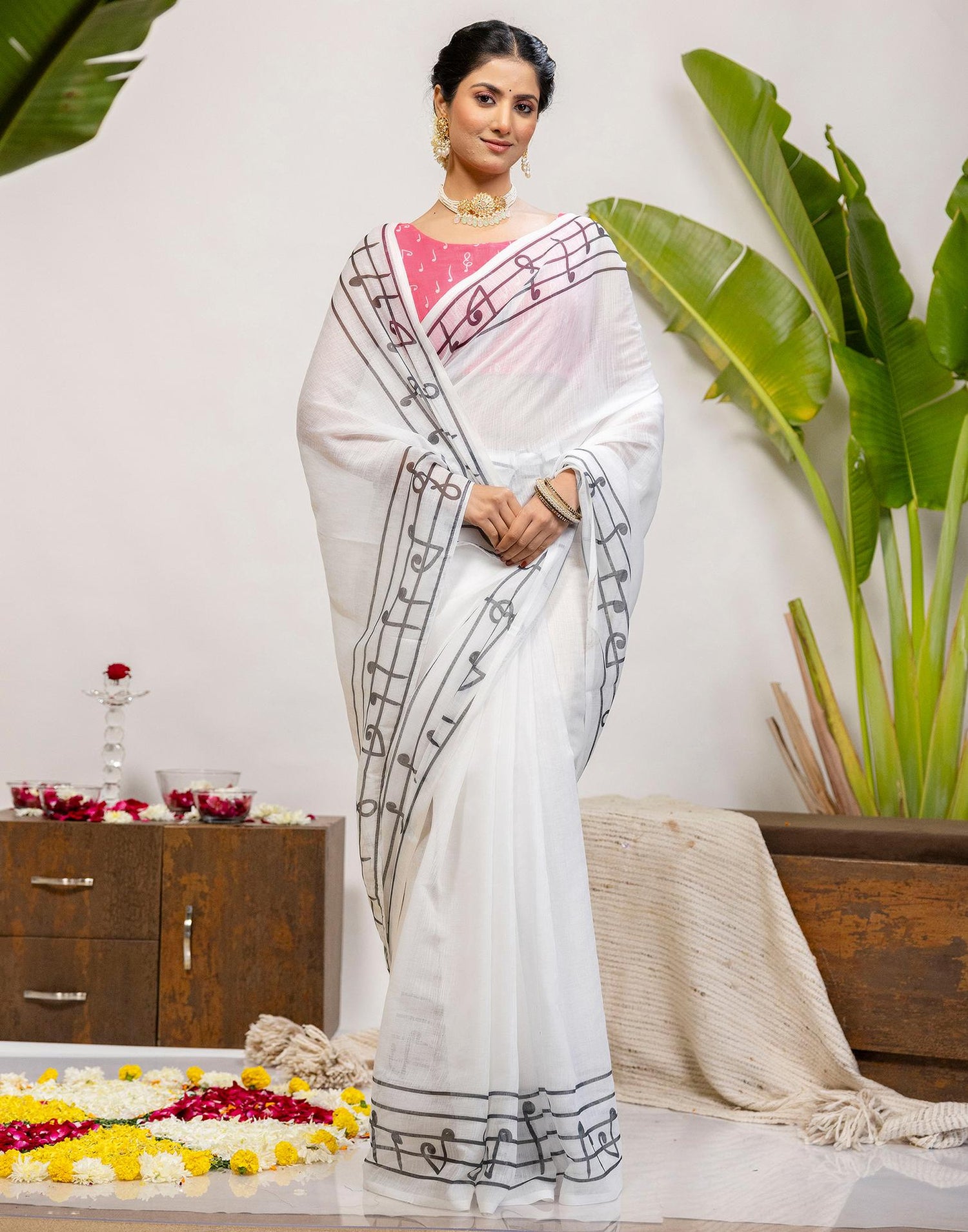 White Cotton Printed Saree