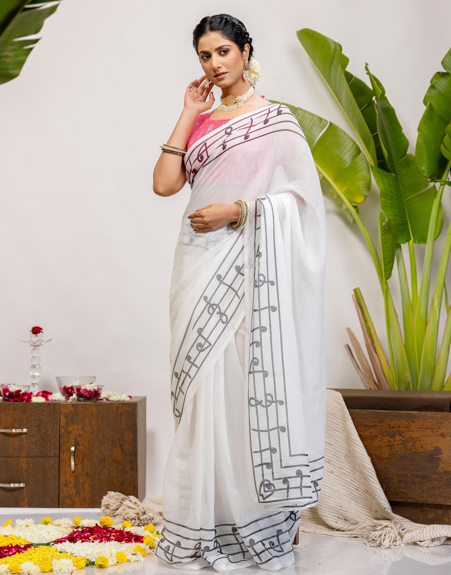 White Cotton Printed Saree