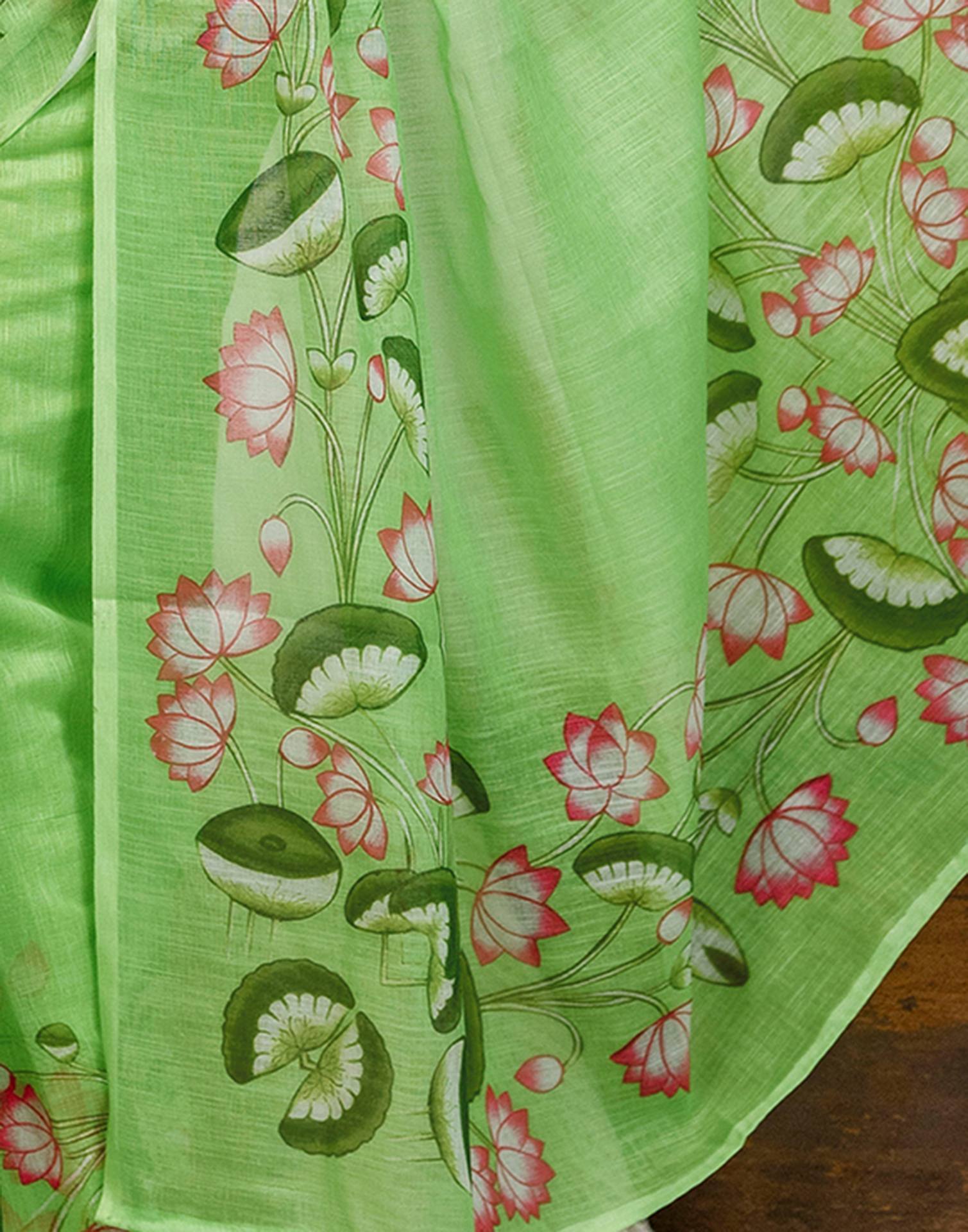 Light Green Cotton Floral Printed Saree