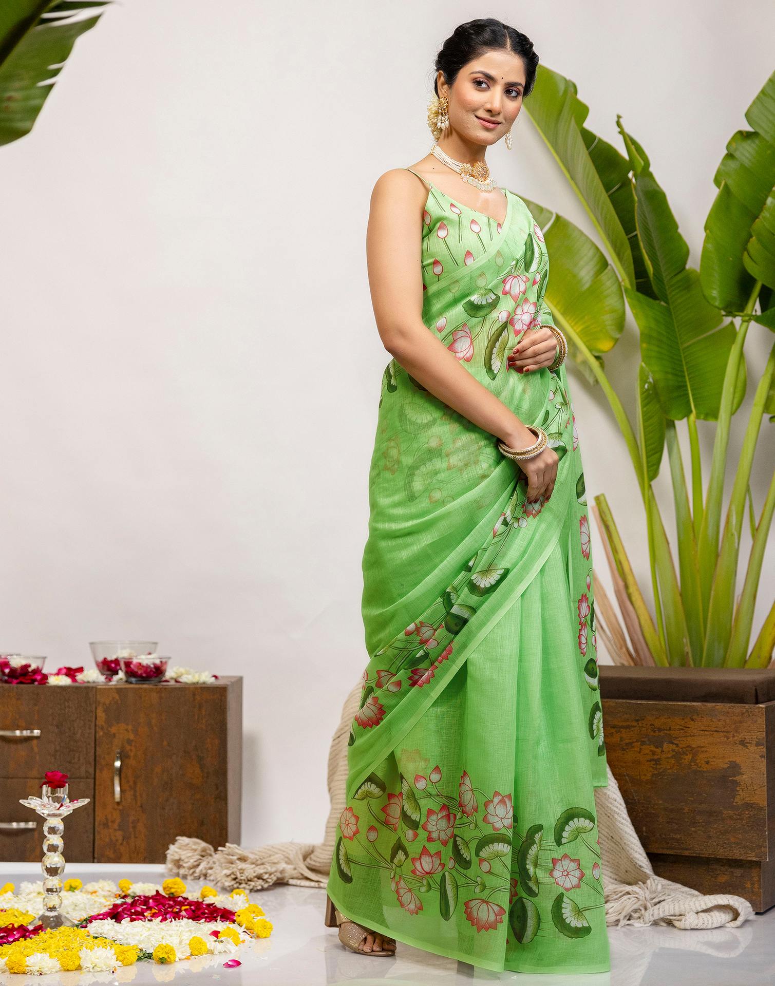 Light Green Cotton Floral Printed Saree