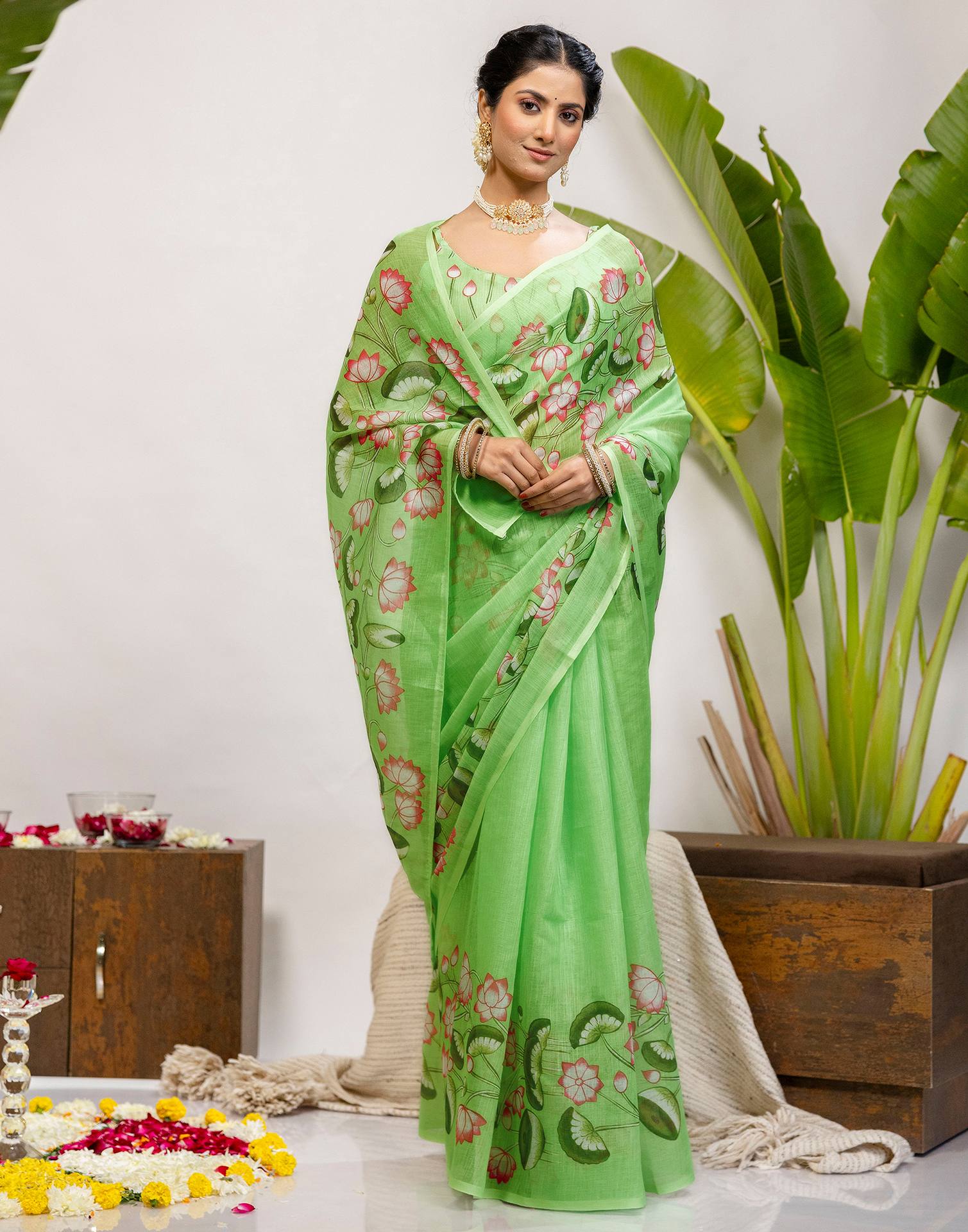 Light Green Cotton Floral Printed Saree