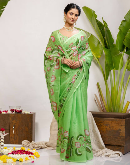 Light Green Cotton Floral Printed Saree